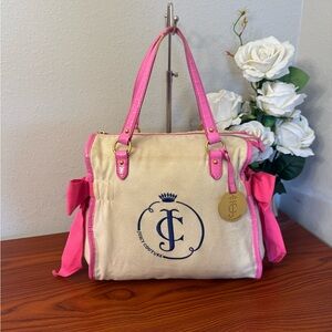 Juicy Couture Cream Canvas Tote with Pink Trim and Navy Logo